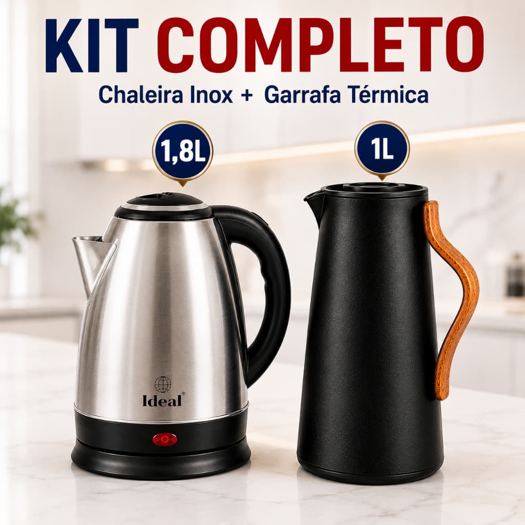 Kit Chaleira Elétrica Inox 1,8L + Garrafa Térmica 1L