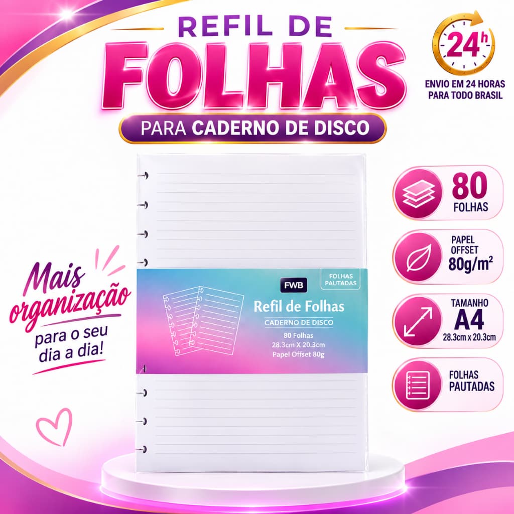 Refil Folha Pautado Para Caderno De Disco Médio 80 folhas 28.3CM X 20.3CM 80g