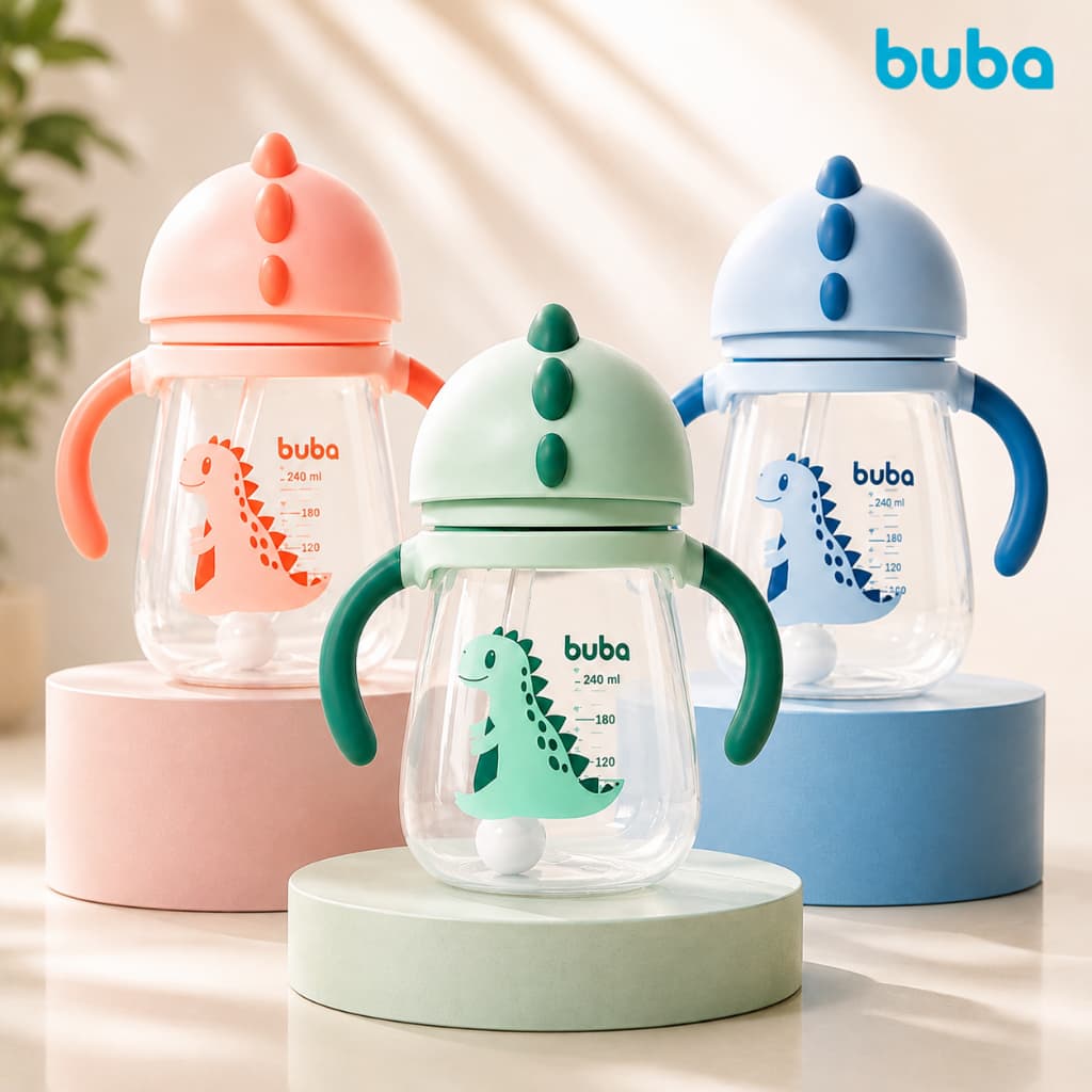 Copo Com Alça Transição Dino Para Bebe Criança Com Canudo Copo de Treinamento Válvula Buba