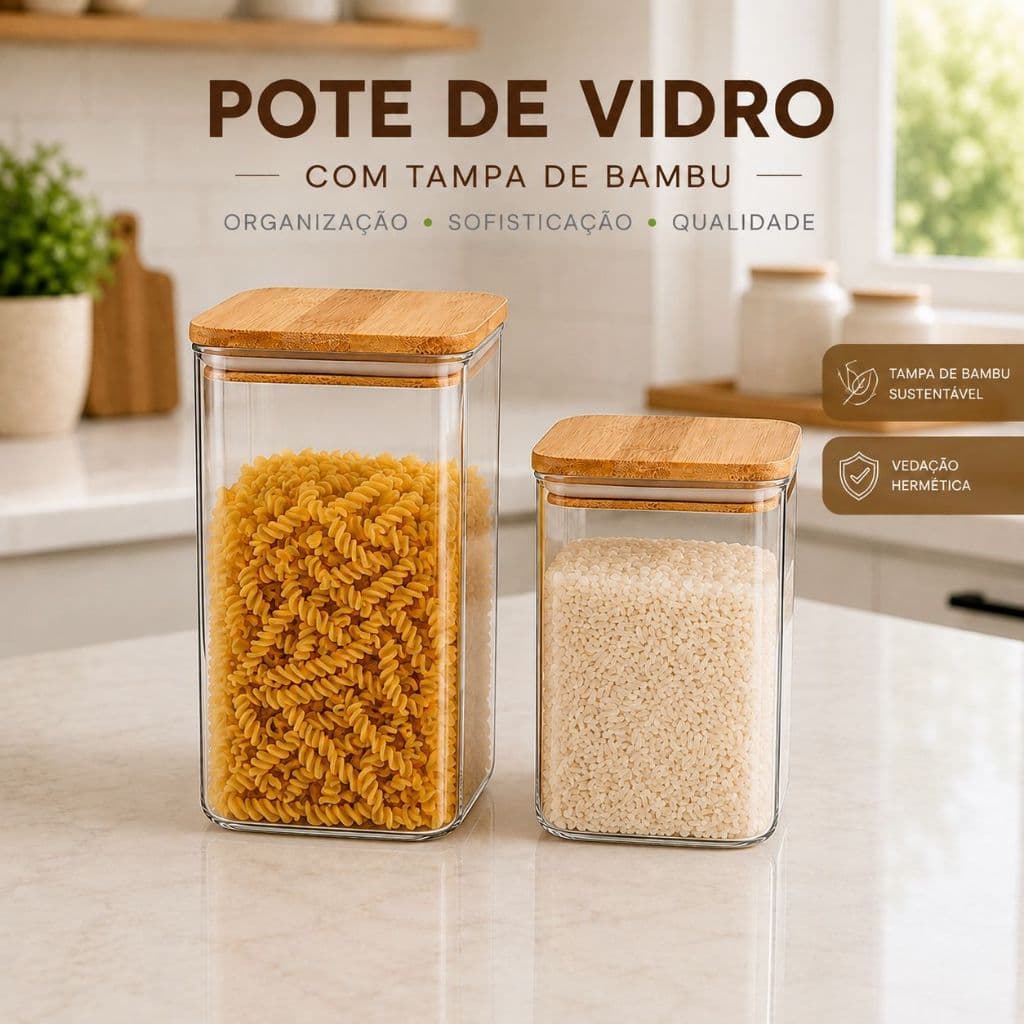 Pote De Vidro Hermetico Tamanhos Com Tampa De Bambu 800ml e1100ml Quadrado