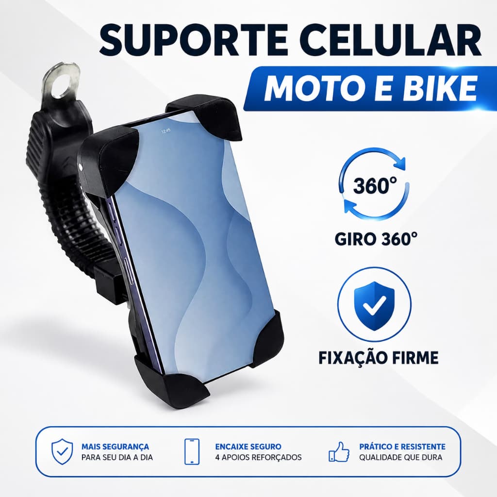 Suporte Celular Moto Bike Guidão 360° Universal Ajustável Anti Queda