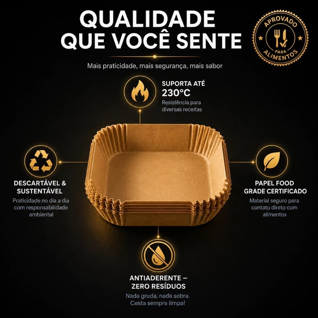 Kit 50 Forro Papel Descartável para Air Fryer 20x20cm  Antiaderente Biodegradável Cesto Protetor para Fritadeira