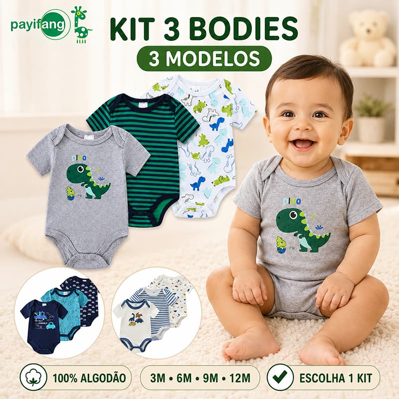 Kit Body Bebê Menino 3 Peças 100% Algodão Manga Curta Estampado Dinossauro Carrinhos Listrado 3M a 12M