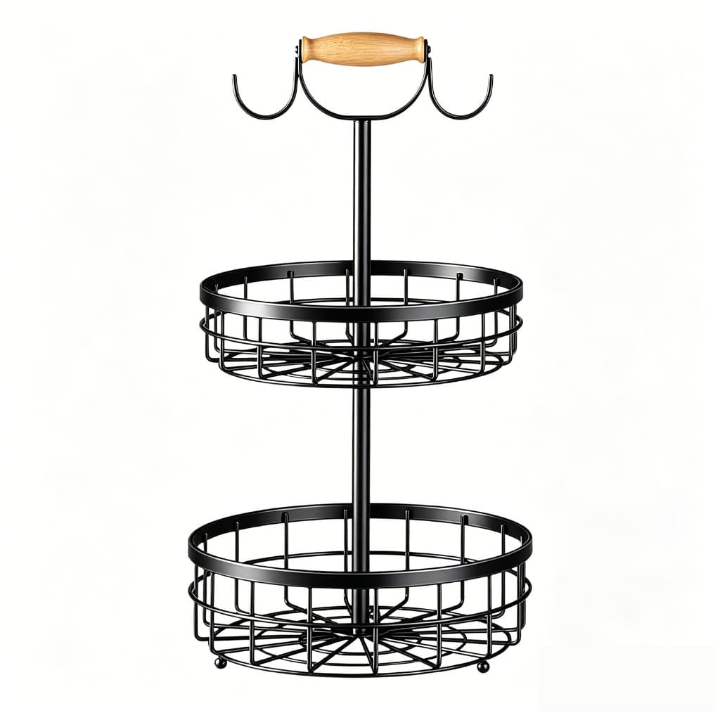 Fruteira Aramada Para Mesa Resistente 2 Andares Cesto Organizador de Frutas Legumes Metal Preta