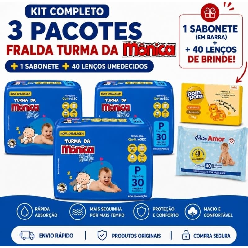 Fraldas Descartáveis RN P M G XG + Sabonete Kit Chá de Bebê Escolha o Tamanho