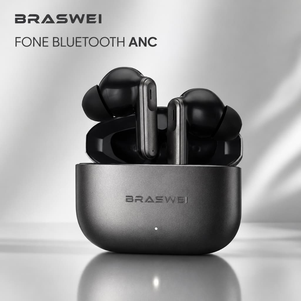 Fone de Ouvido Bluetooth 5.3 Sem Fio BRASWEI FN105 ANC Cancelamento de Ruído TWS USB-C Até 6H
