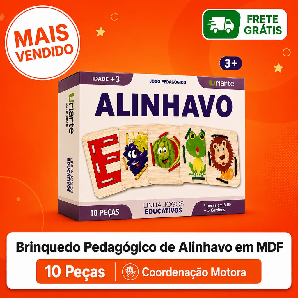Jogo Pedagógico Alinhavo Montessori 5 Peças MDF Coordenação Motora Fina Brinquedo Educativo Crianças 3+ Anos