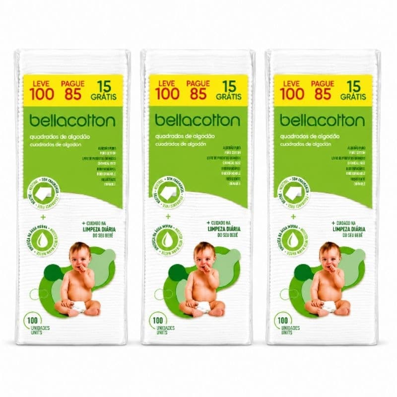 Algodão Quadrado Bellacotton Cuidado e Limpeza Diária Para Bebês 100% Natural