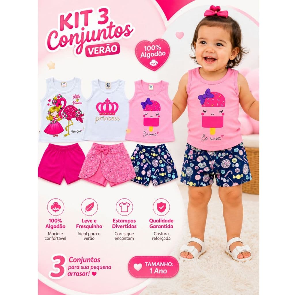 Kit Com 3 Conjuntos Verão Infantil Menina 3 Shorts e 3 Regatas
