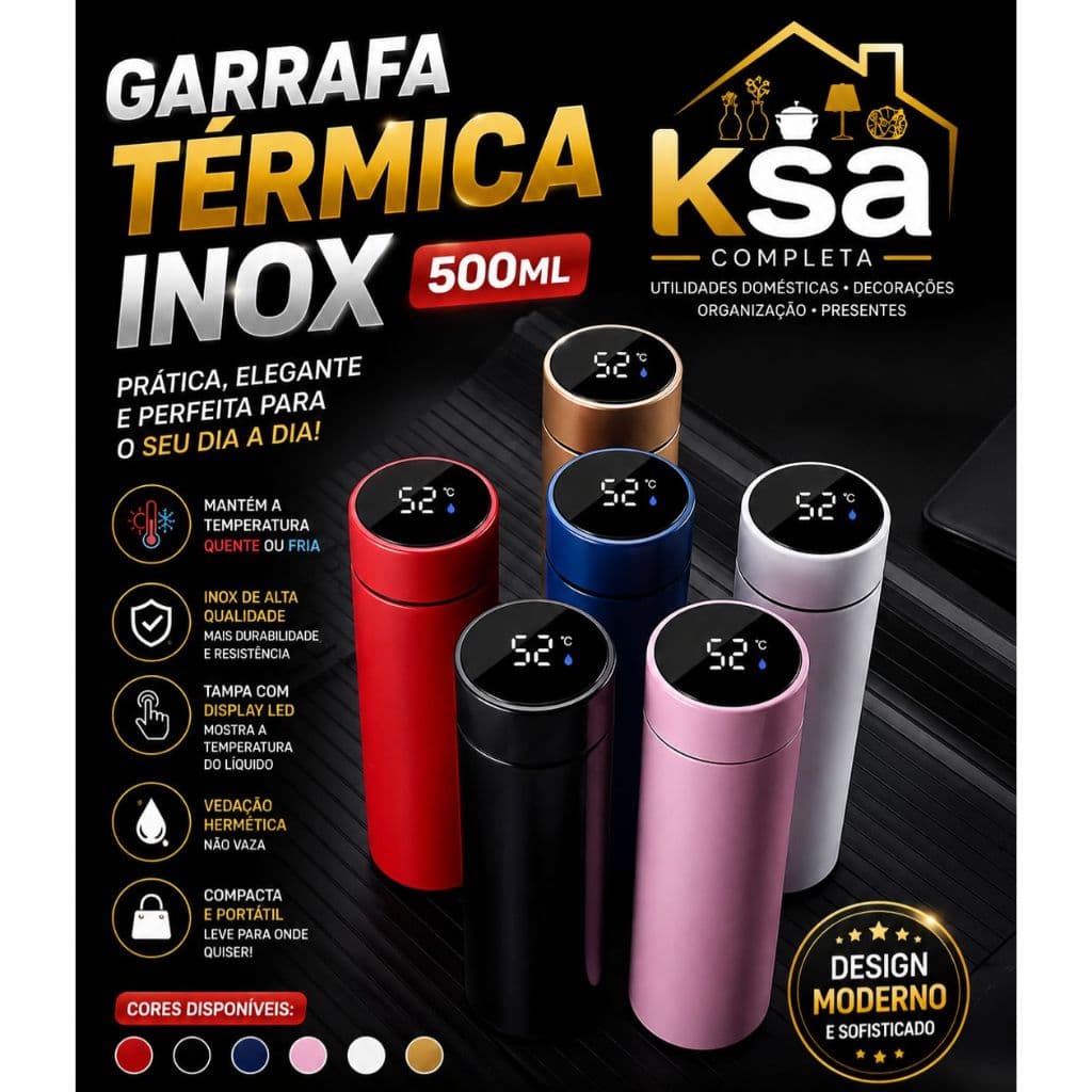 Garrafa Térmica Inox 500ml Com Medidor De Temperatura Ideal Para Viagens Escritório