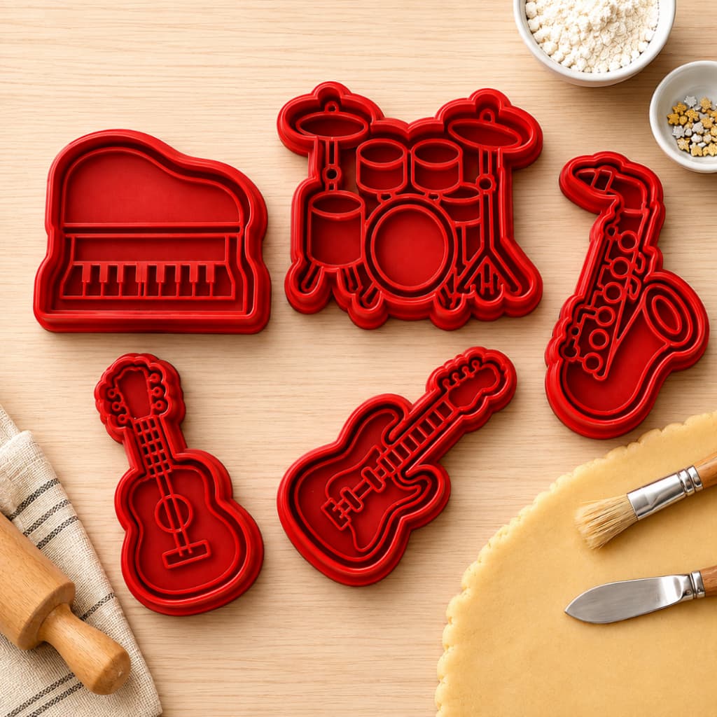 Kit 5 Cortadores de Biscoito e Carimbos Instrumentos Musicais Guitarra Piano Bateria Saxofone
