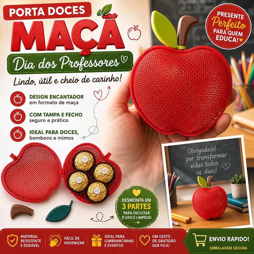 Porta Doces  Maçã Personalizada para Professor Professora com Chaveiro | Lembrancinha 3D para Bombom
