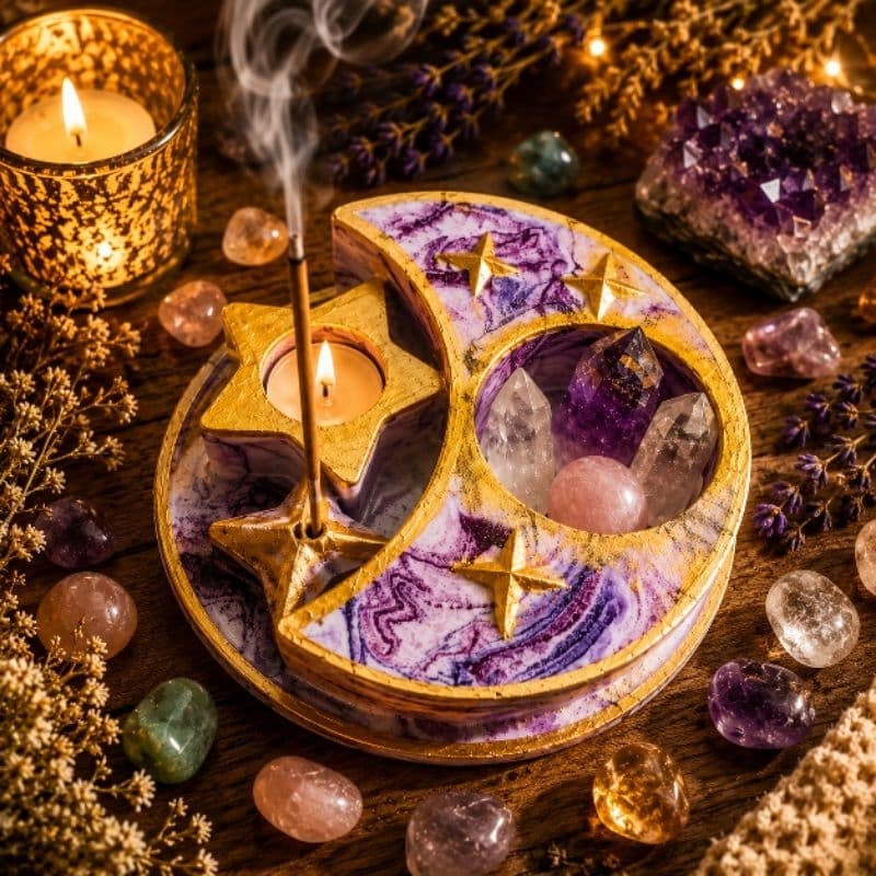 Incensário Altar Lunar Místico Porta Velas Porta Cristais e Pedras Decor Zen Esotérico Gesso Impermeabilizado