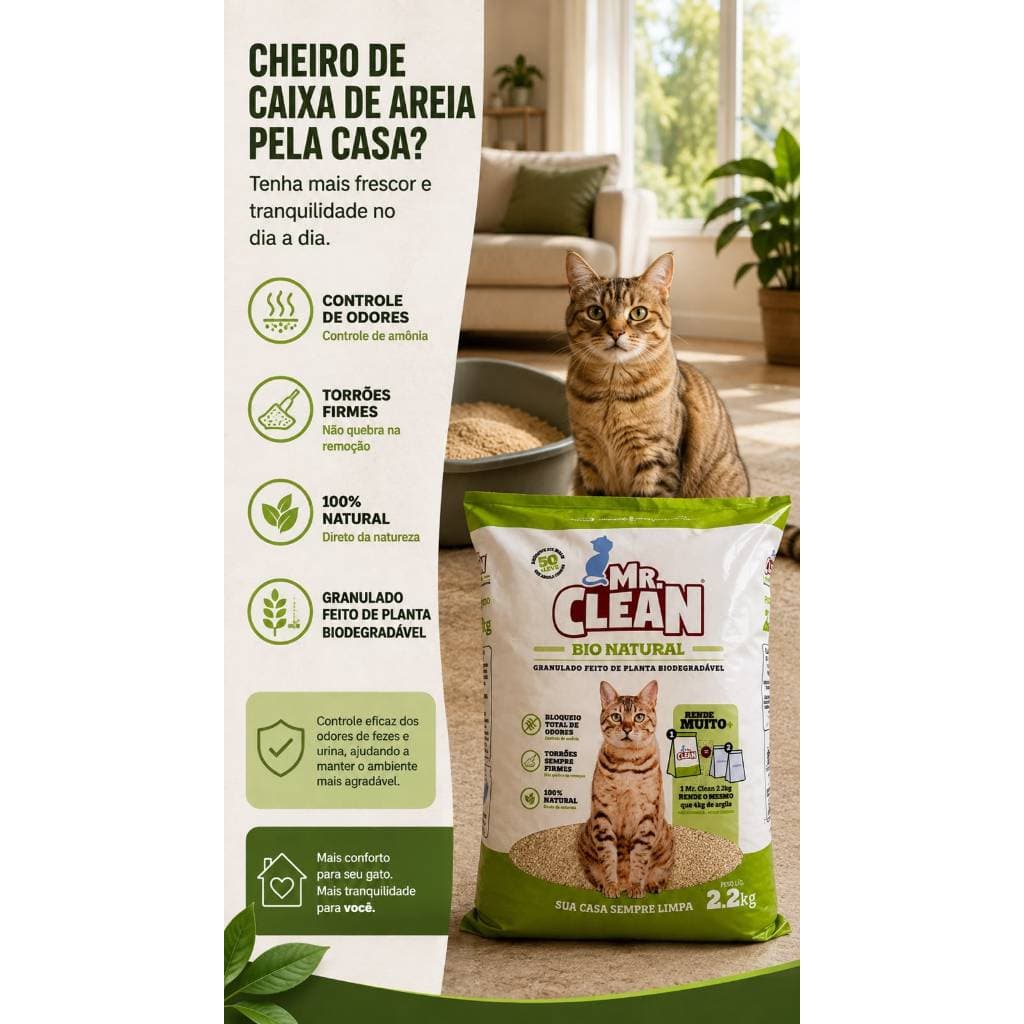 Areia Higiênica Para Gatos Mandioca Biodegradável Mr Clean Bio Natural 2,2kg Granulado Sanitário 100% Natural Sem Poeira