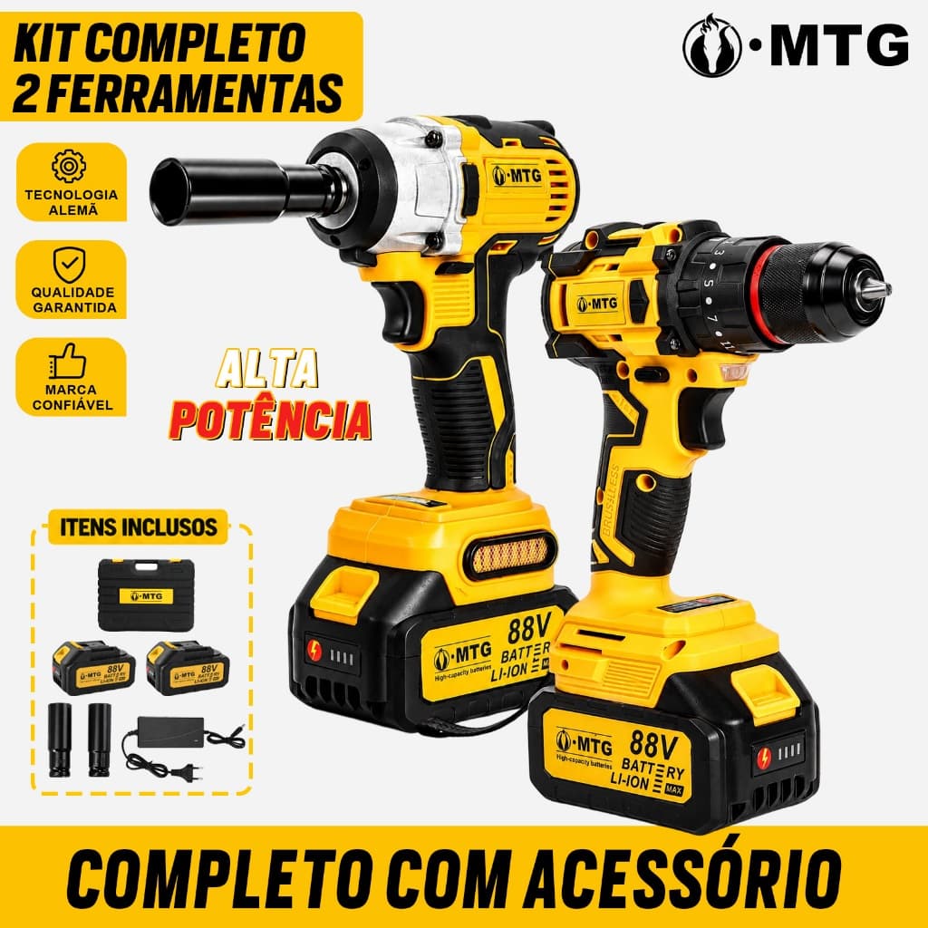 Kit 2 Ferramentas MTG 88V Sem Fio: Chave de Impacto + Furadeira Parafusadeira Brushless, 2 Baterias e Maleta