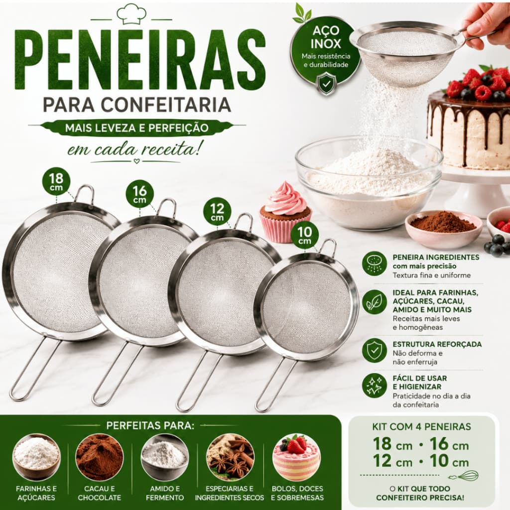 Peneira18/16/12/10cm Aço Inox Bolo Massa Doce Confeitaria Padaria Cafeteria