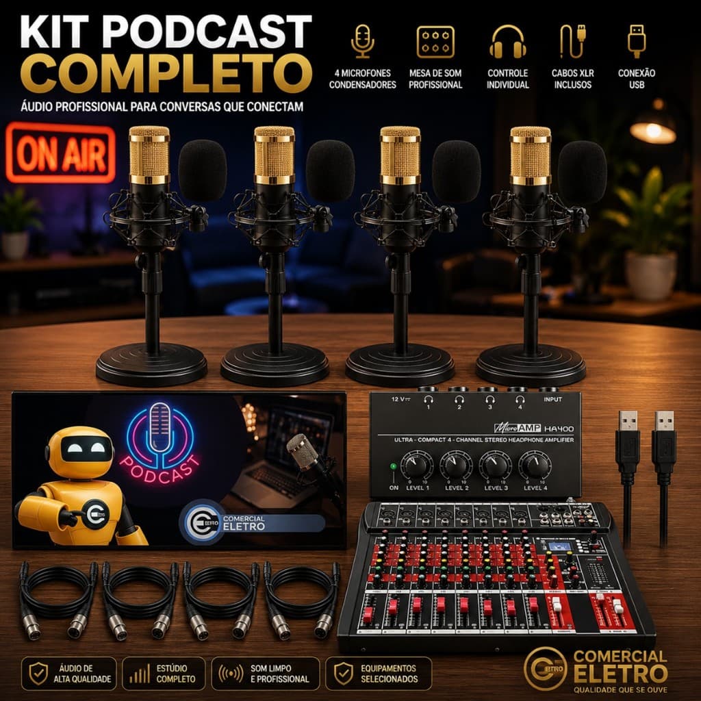 Kit Setup Podcaster Com 4 Microfones Condensadores e Cabos 5 Metros Sistema de Audio Podcaster
