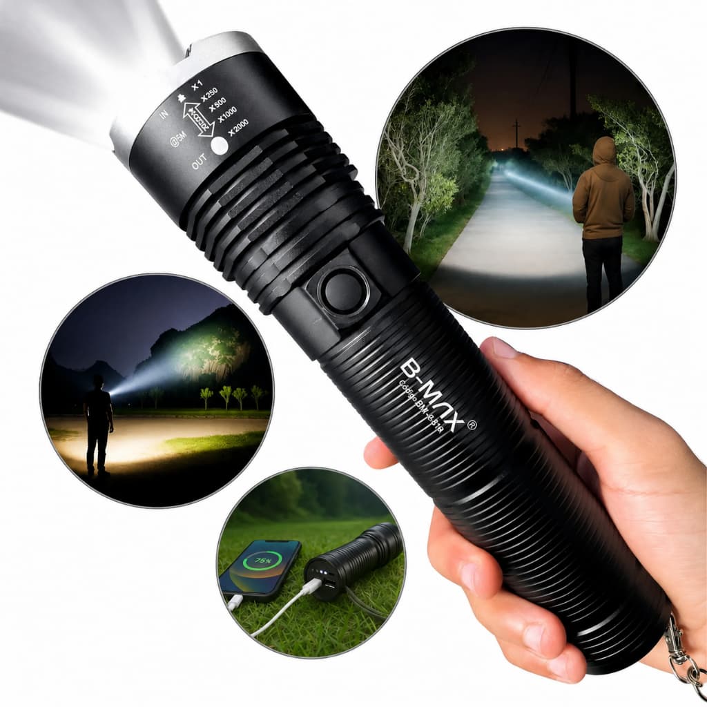 Lanterna Tática LED Recarregável USB-C Super Potente com Zoom 2000m Longo Alcance Resistente para Caça B-MAX BM-8534