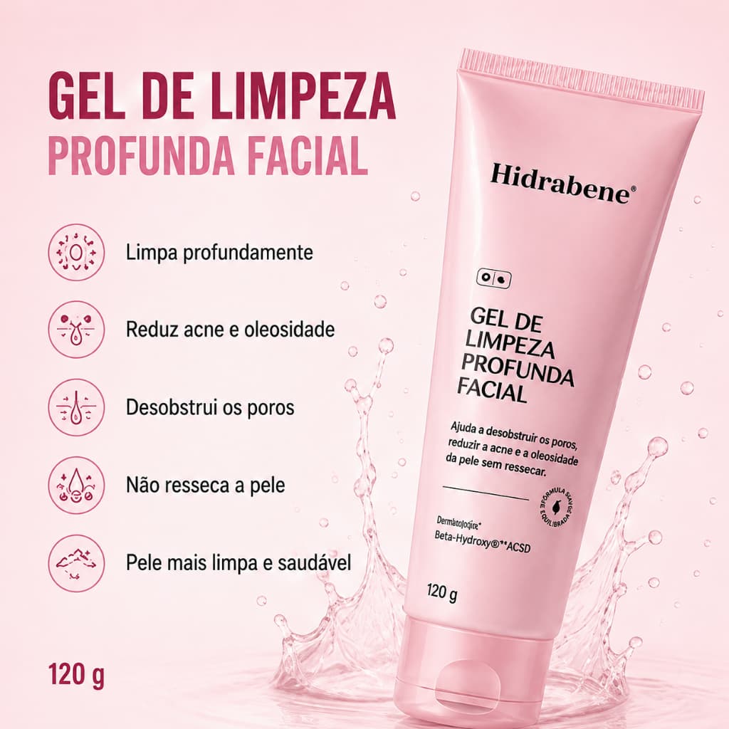 Gel de Limpeza Facial Hidrabene 120g Limpeza Profunda Controle de Oleosidade e Poros Uso Diário