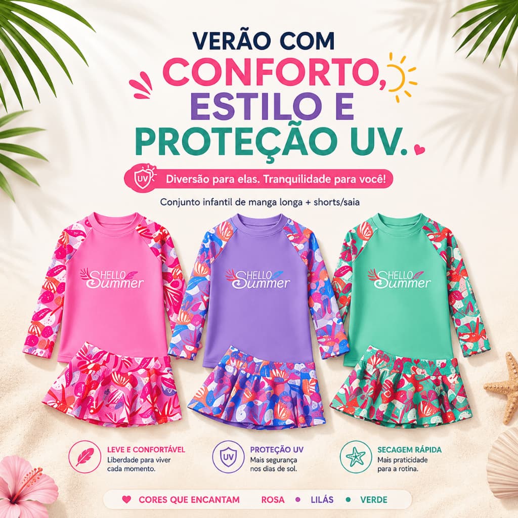 Conjunto Roupa de Banho Menina 3/4 - 5/6 - 7/8 - 9/10 anos Infantil UV Manga Longa Short Saia para Piscina Maiô Criança