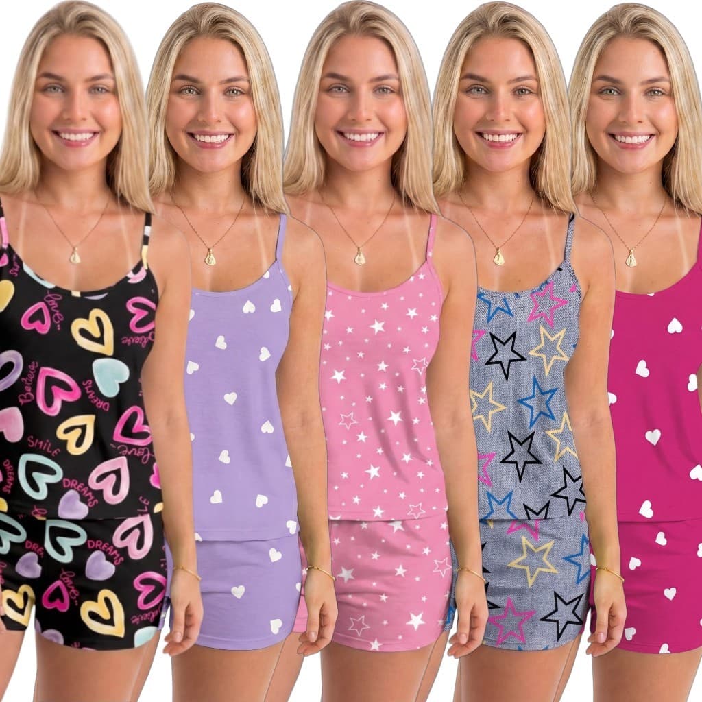 Kit 10 Peças (5 Conjuntos) Pijama Conjunto Baby Doll Short Doll Sem Bojo Original Personagens Premium