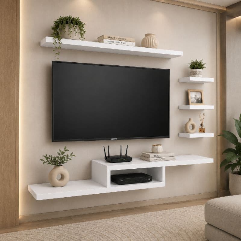 Kit painel de TV suspenso MDF 15mm Branco TX com prateleiras e nichos organização e elegância para sua sala MDF 15mm