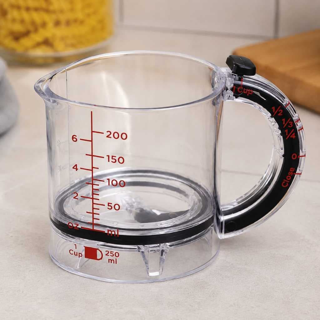 Copo Medidor Ajustável 4 em 1 250ml Dosador Graduado com Raspador para Cozinha e Confeitaria