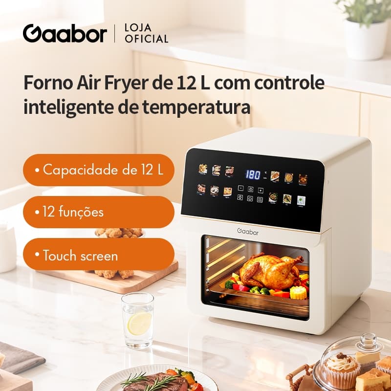 Gaabor Air Fryer Digital 12L Preta Touch Timer Frigideira Antiaderente Elétrica Sem Óleo Bivolt 127V/220V AF-120T02