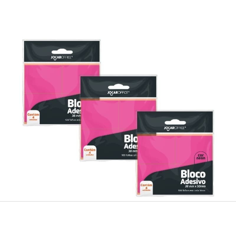 Bloco Adesivo Rosa/Amarelo Neon 38mmx50mm c/ 4 blocos de 100 folhas cada JOCAR OFFICE
