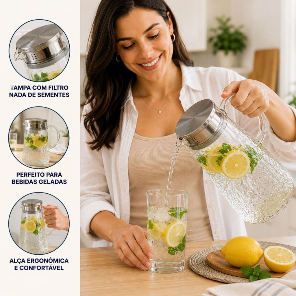 Jarra Vidro Tampa Hermetica Servir Agua Suco Cha Recipiente Elegante Resistente Mesa Posta Moderna