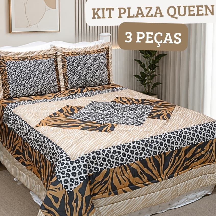 Kit Edredom Casal Queen Plaza 3 Peças Micropercal 200 Fios Forrado Estampa Digital Exclusiva Toque Macio