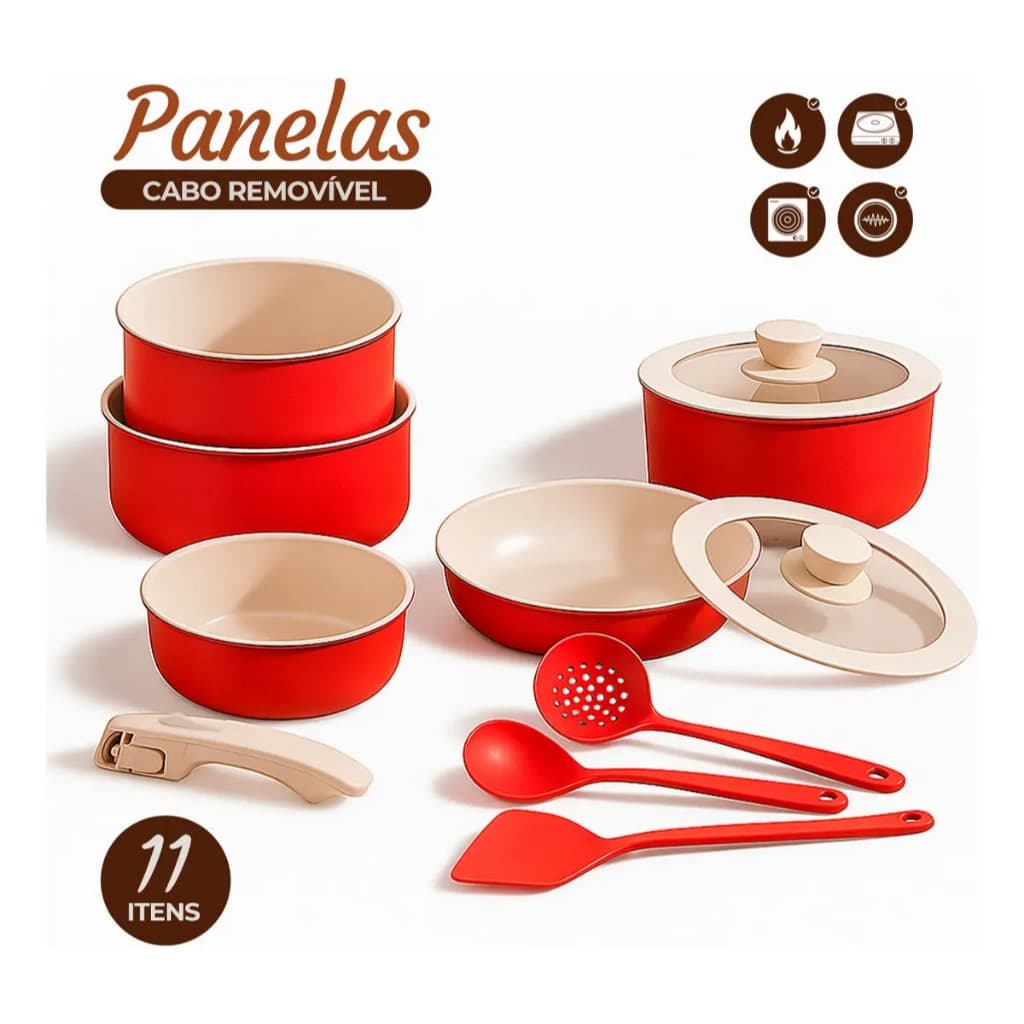 Conjunto Panelas Cerâmica Premium 11 Peças Antiaderente Frigideira Tampa Vidro Cabo Removível Indução Cozinha
