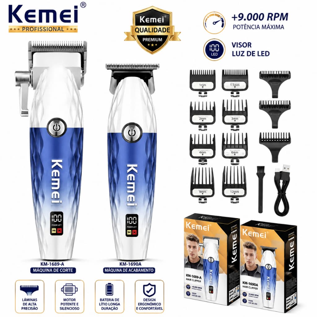 Kit 2 Máquinas Kemei Original Máquina de Corte km-1689a +9000RPM + Acabamento km-1690a visor de Led Profissional