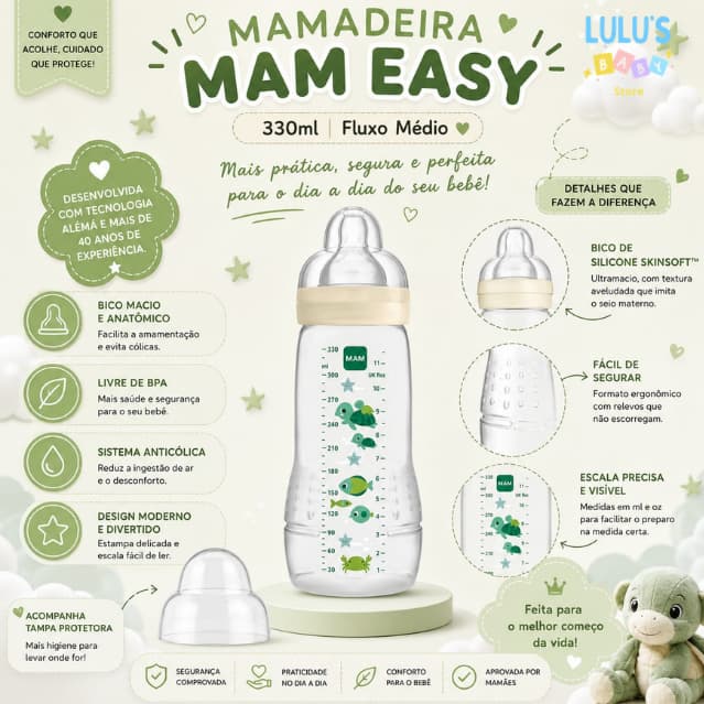 Mamadeira MAM Easy Active 330ml Original +4 Meses Bico 3 Fluxo Rápido Tampa Medidora