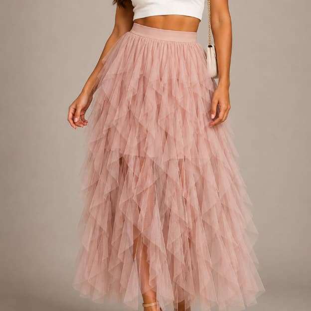Saia Cascata em Tule com Forro Feminina Longa Midi Elegante Rodada Renda Babados Camadas Festa Look Romântico Moda
