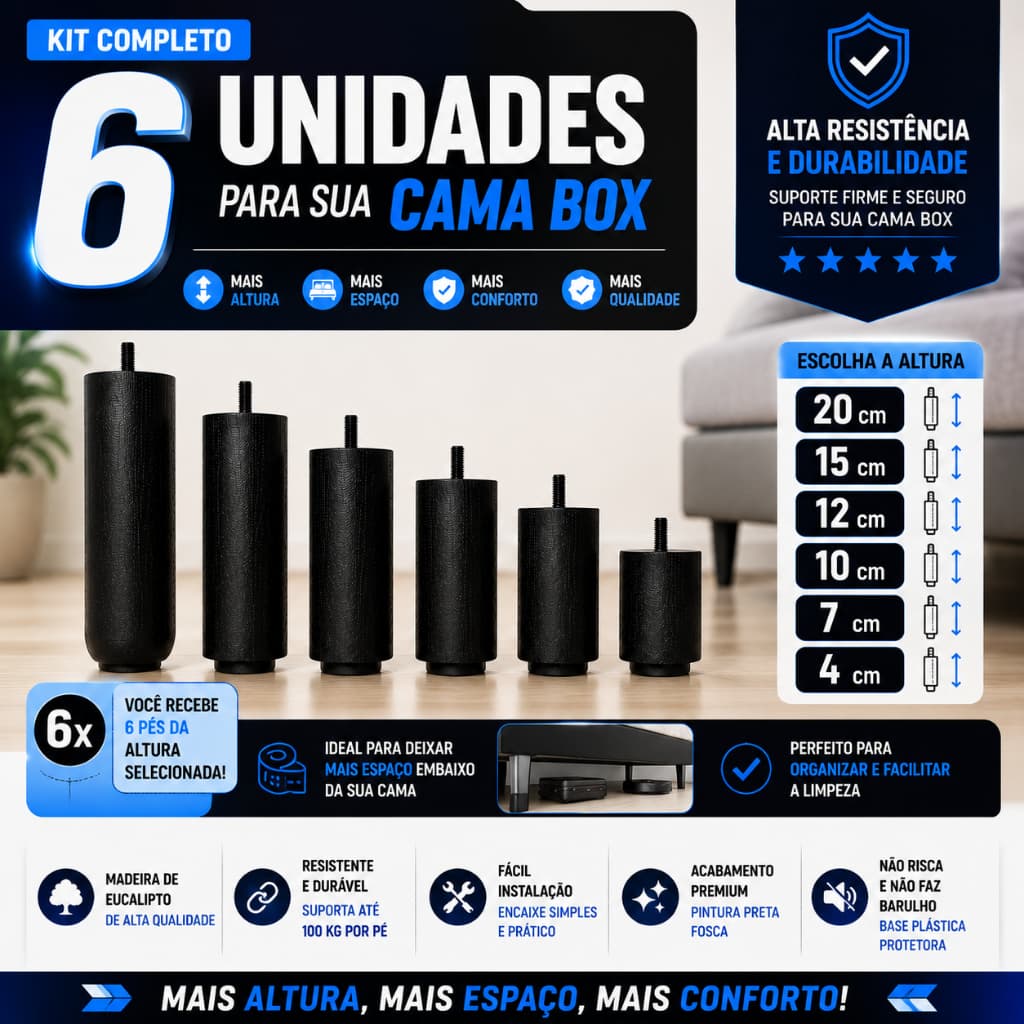 Kit 6 Pés para Cama Box Pezinho de Madeira Maciça Casal Solteiro Queen e King - Cor Preto - ENVIO IMEDIATO
