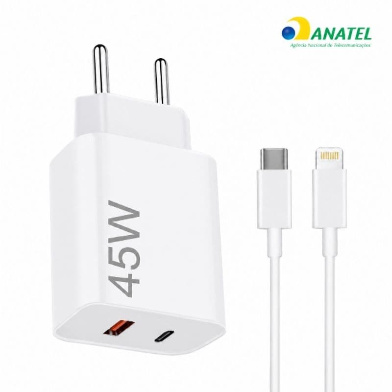 Carregador Tipo C 45W Turbo USB-C + USB com Cabo Lightning para iPhone 11 12 13 14 15