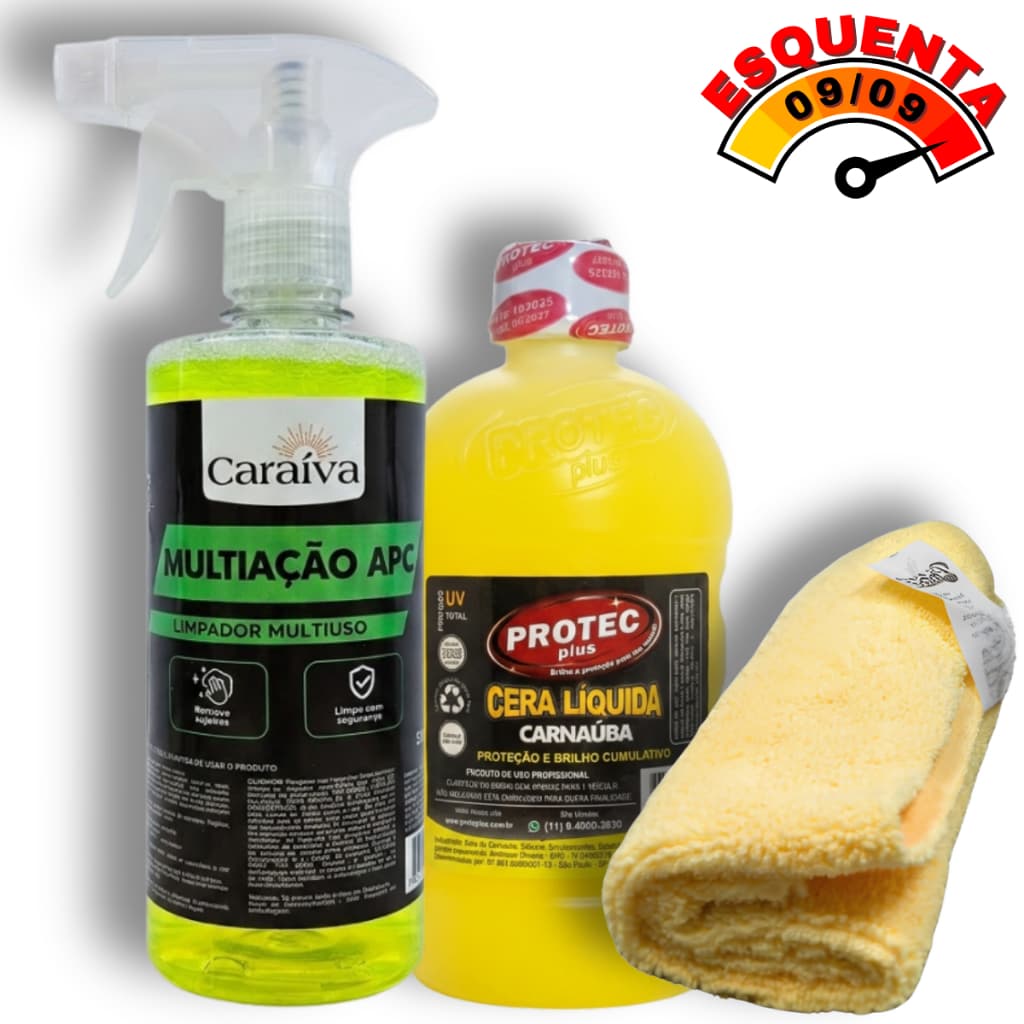 Cera de Carnaúba + Limpador Multiuso + Flanela Microfibra Detailer - Kit Renovação Interna Externa