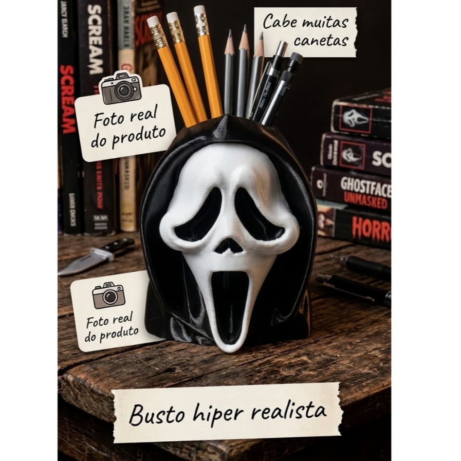 Porta Lápis e Canetas O Pânico Busto Ghostface Filme de Terror Scream Decoração Geek Organizador de Mesa Decoração Nerd