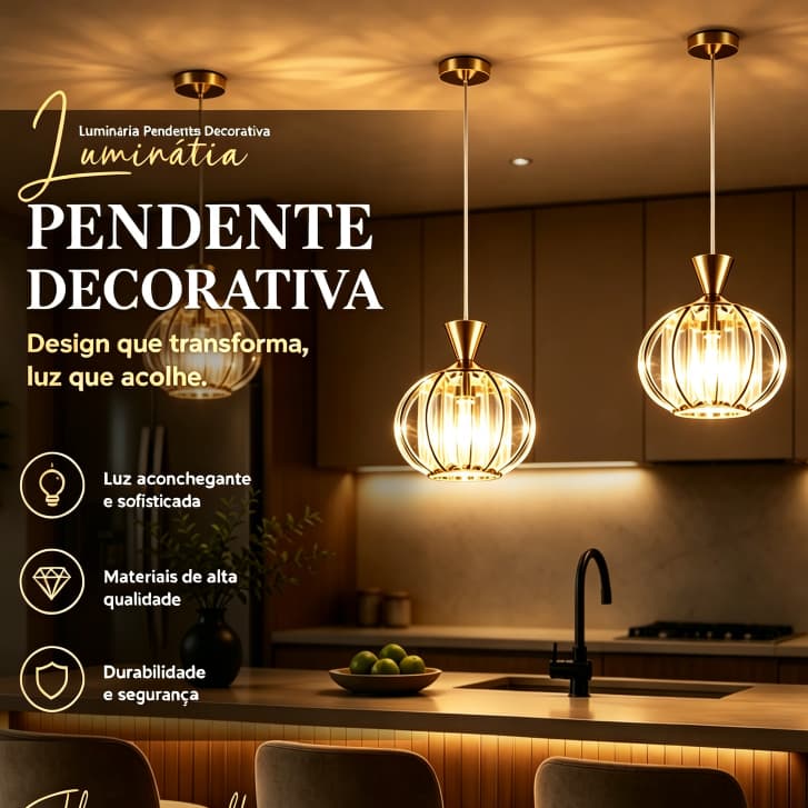 Lustre Pendente Decorativo Soquete E27 Bivolt 110V‑220V Decoração para Cozinha Sala de Jantar e Balcão