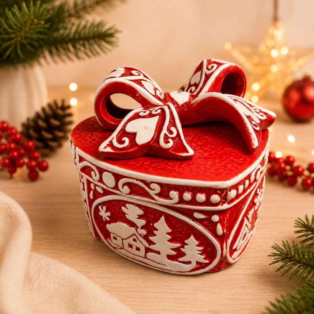 Pote de Natal em Porcelana Vermelho Decorado com Tampa e Laço Caixa Natalina Porta Doces Biscoitos