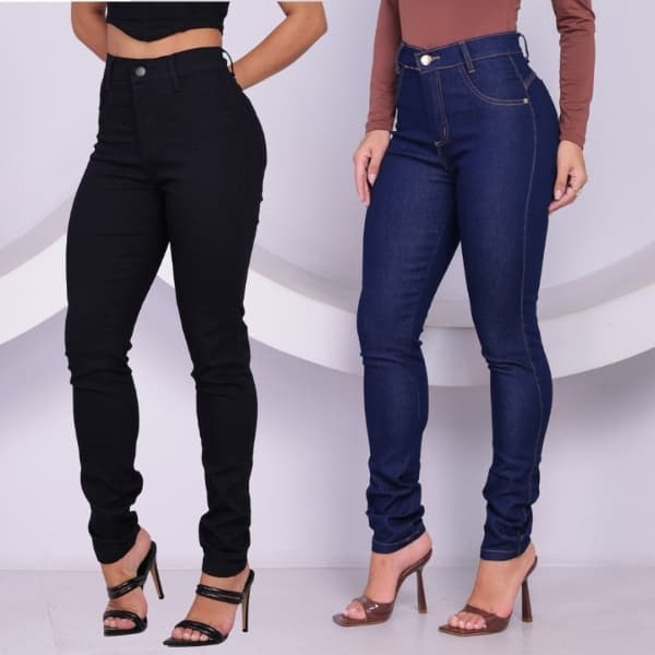 Kit 2 Calças Jeans Femininas Skinny Cintura Alta Levanta Bumbum Modelagem Justa Confortável
