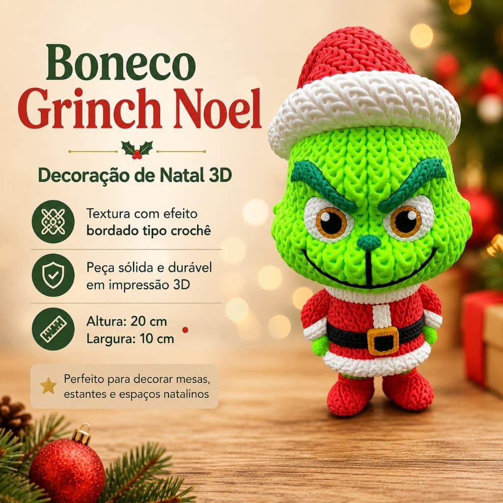 Boneco Grinch Noel com Efeito Bordado - Decoração de Natal 3D