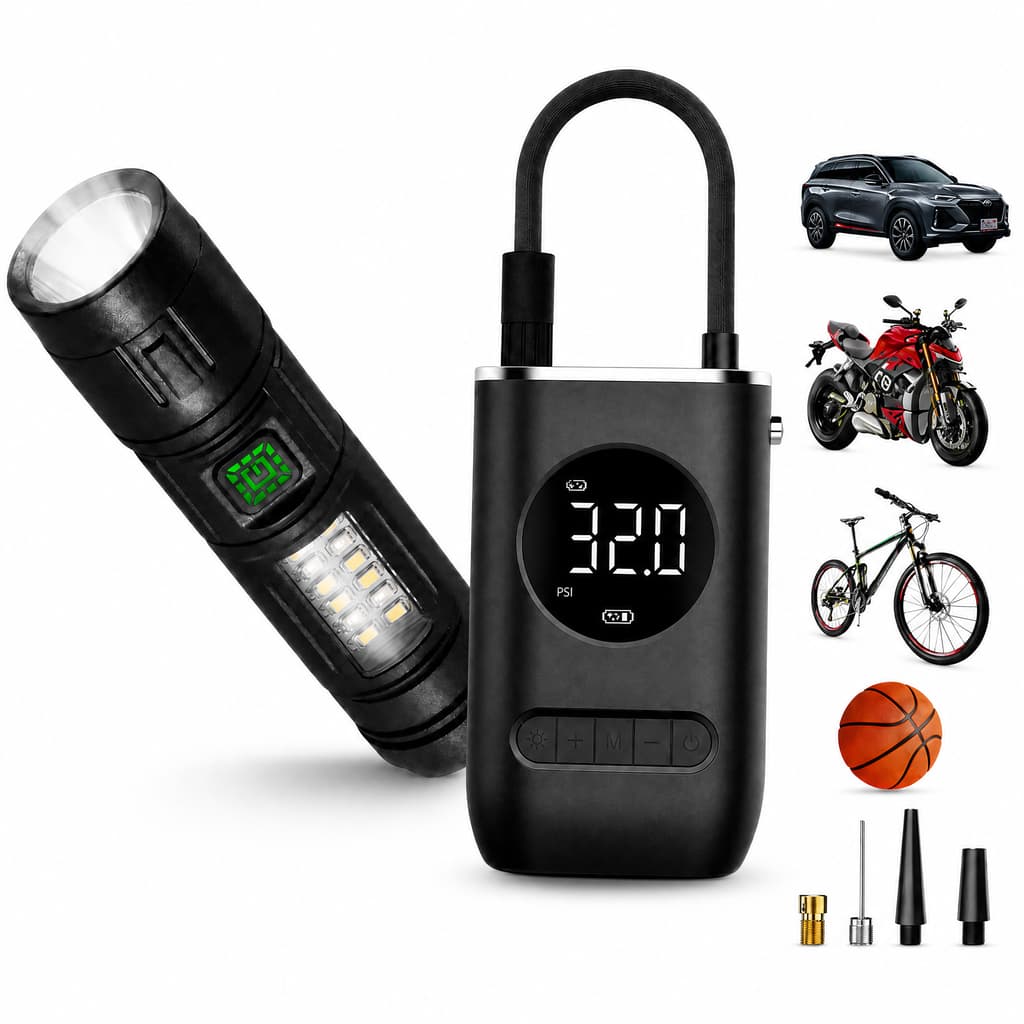 Kit Emergência Automotiva Calibrador Portátil Digital Automático + Lanterna Tática Led Luz Lateral USB Sem Fio