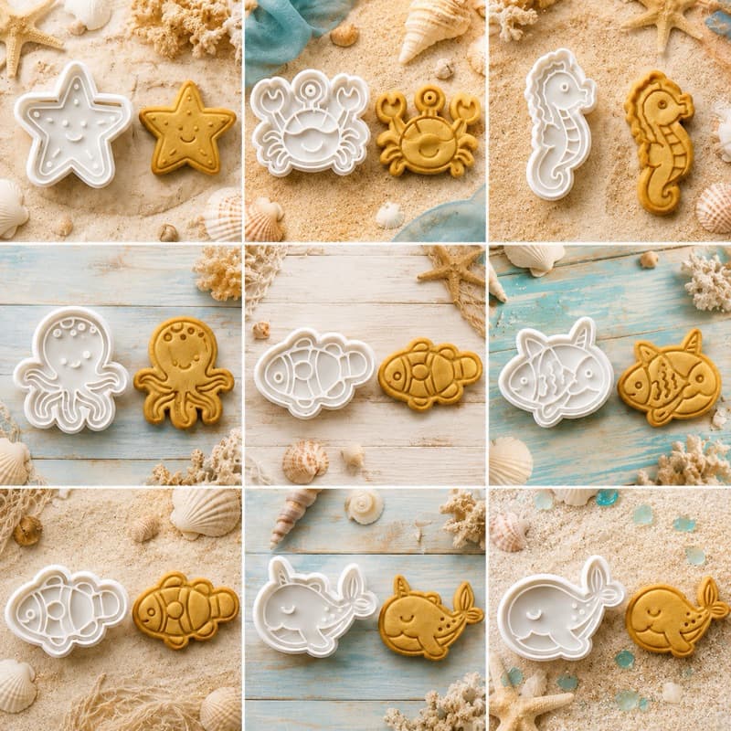 Kit 9 Cortadores de Biscoito Peixes do Fundo do Mar | Cortador de Cookie Infantil Peixes Polvo Estrela Cavalo-Marinho