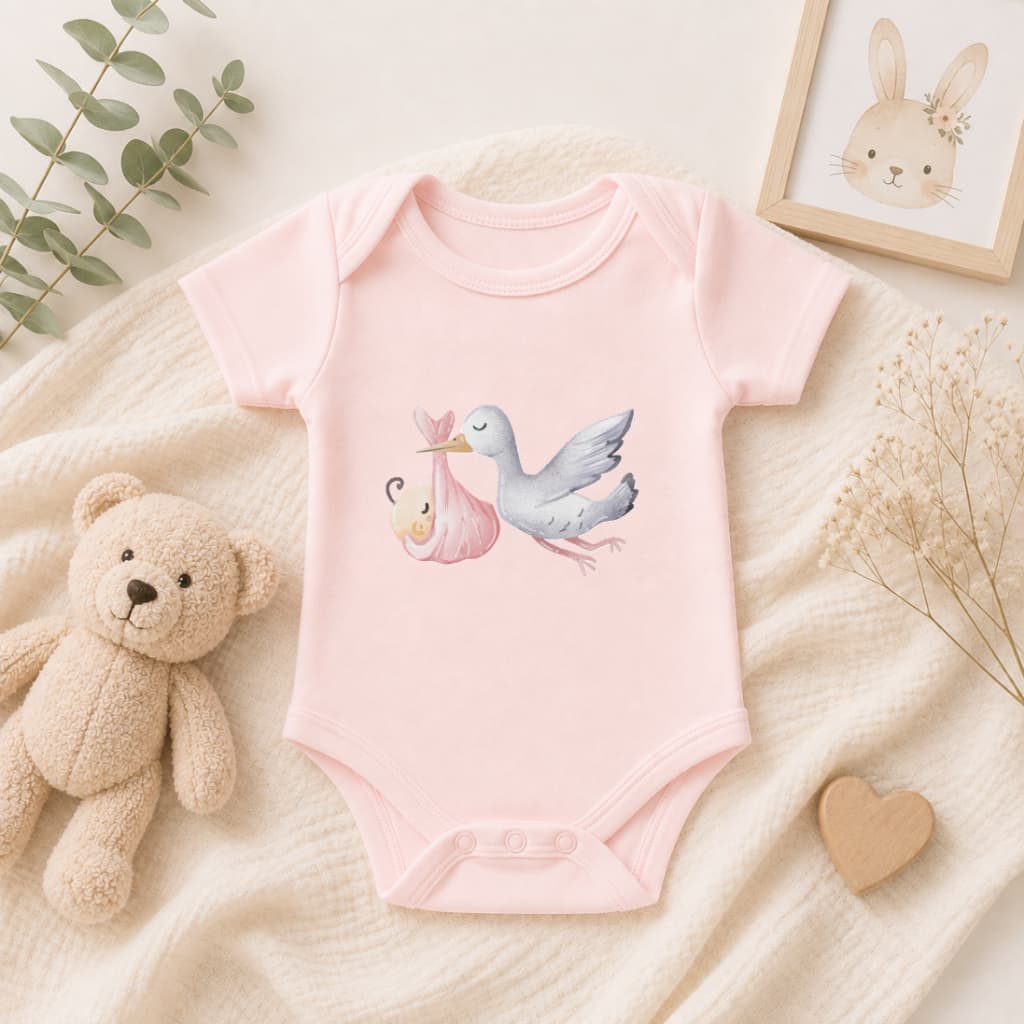 Body Bebê Cegonha com Bebê Fofo | Body Infantil Feminino | Body Estampado para Bebê | Roupa de Bebê Menina | Presente