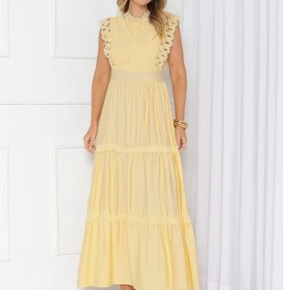 Vestido 3 Marias gola alta redonda Feminino Longo com Renda Babado Elegante Romântico Moda Verão