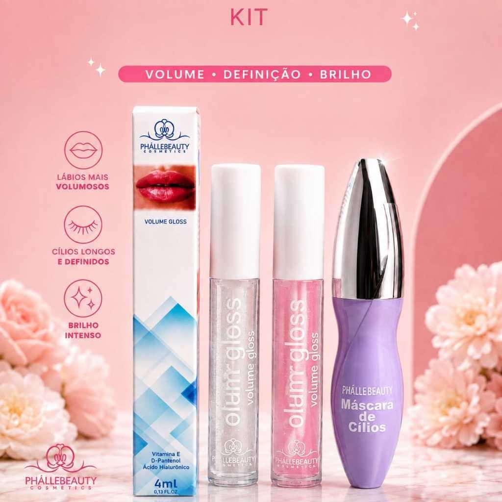 Kit Gloss Labial Big Mouth  Rosa e Incolor + Mascara de Cílios Brilho e Definição