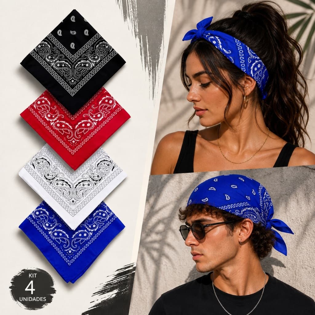 Kit 4 Bandanas Estampadas Preto Branco Vermelho Azul Royal Lenço Rock Máscara