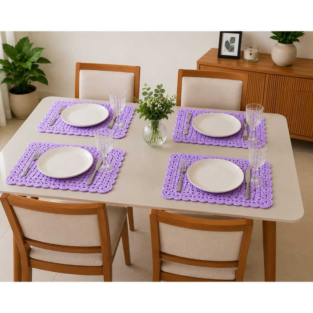 kit 2,4,6 Sousplat de Crochê Lilas, Jogo Americano, Toalhinhas de crochê retangular 38x25 cm
